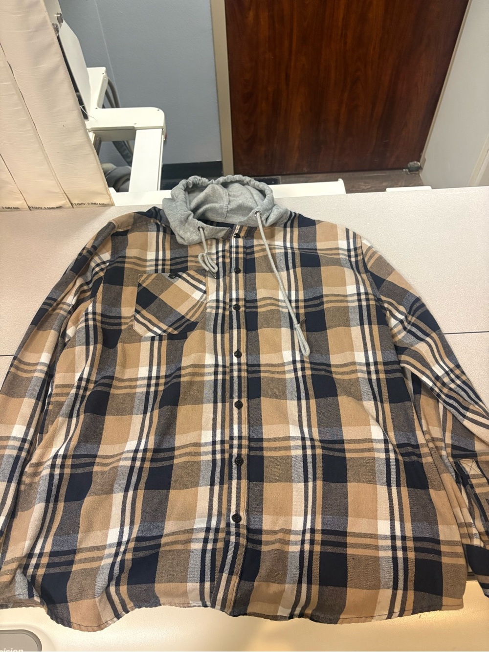 SHEIN Tan, Navy & White Plaid Button-Down Shirt with Gray Hood
